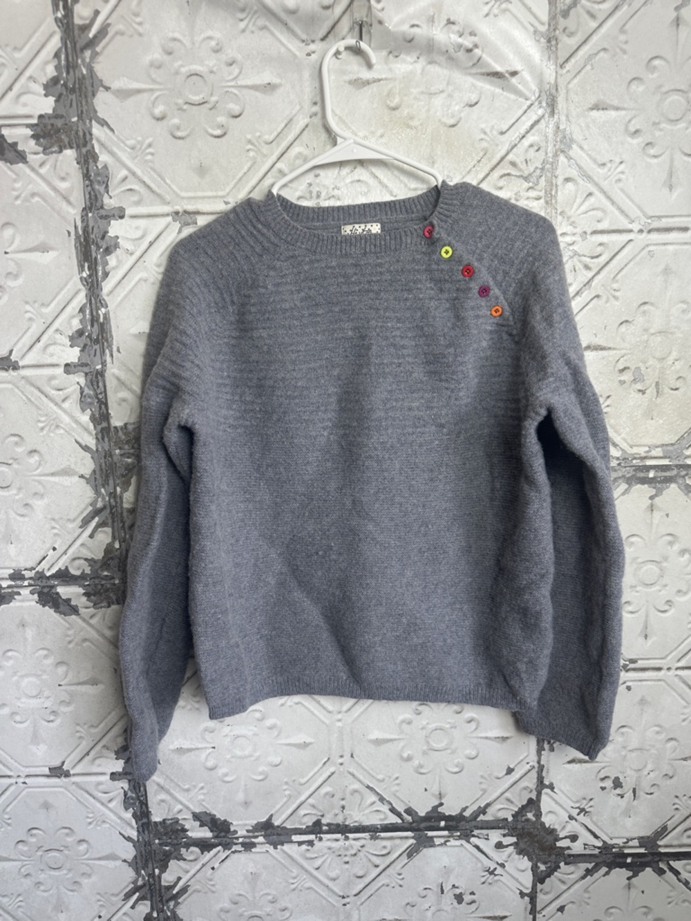 Gray Heyton lambs wool blend  Women's Crewneck Sweater with Accent Buttons